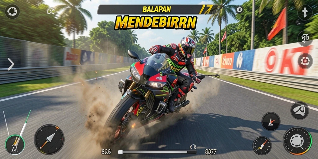 Tangkapan layar C0077 menampilkan balapan motor yang intens dan penuh aksi.