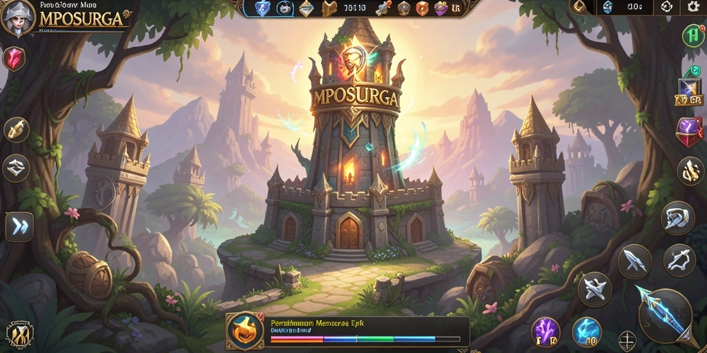 Tampilan gameplay MPOSURGA dengan menara dan musuh yang menantang.