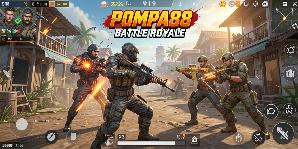 Screenshot utama POMPA88 menunjukkan aksi pertempuran intens di arena Battle Royale.