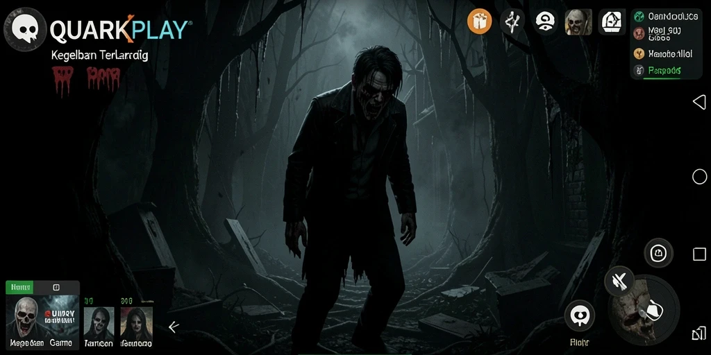 Screenshot gameplay QUARKPLAY menampilkan suasana menyeramkan dengan efek visual yang menakutkan.