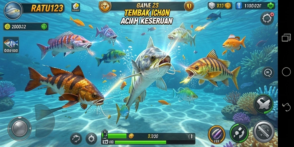 Screenshot utama RATU123 menampilkan aksi seru dalam menembak ikan.